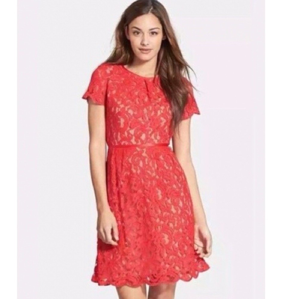 Adrianna Papell Red Floral Lace Short Sleeve Mini Dress Size 2 romantic party